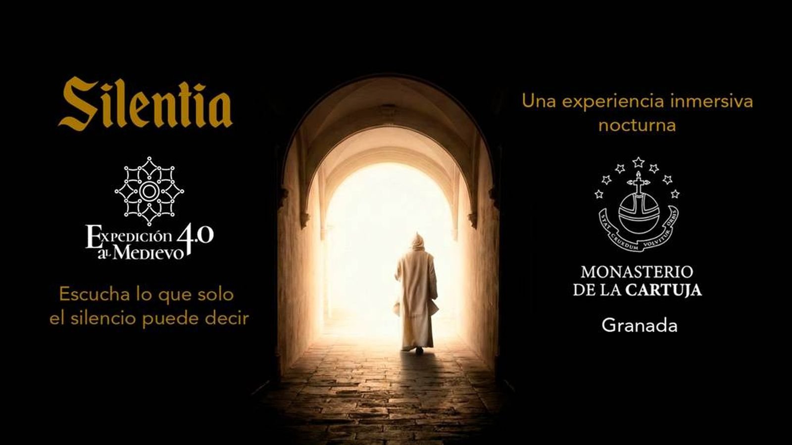 Cartel de Silentia: un monje cartujo camina bajo un arco hacia la luz