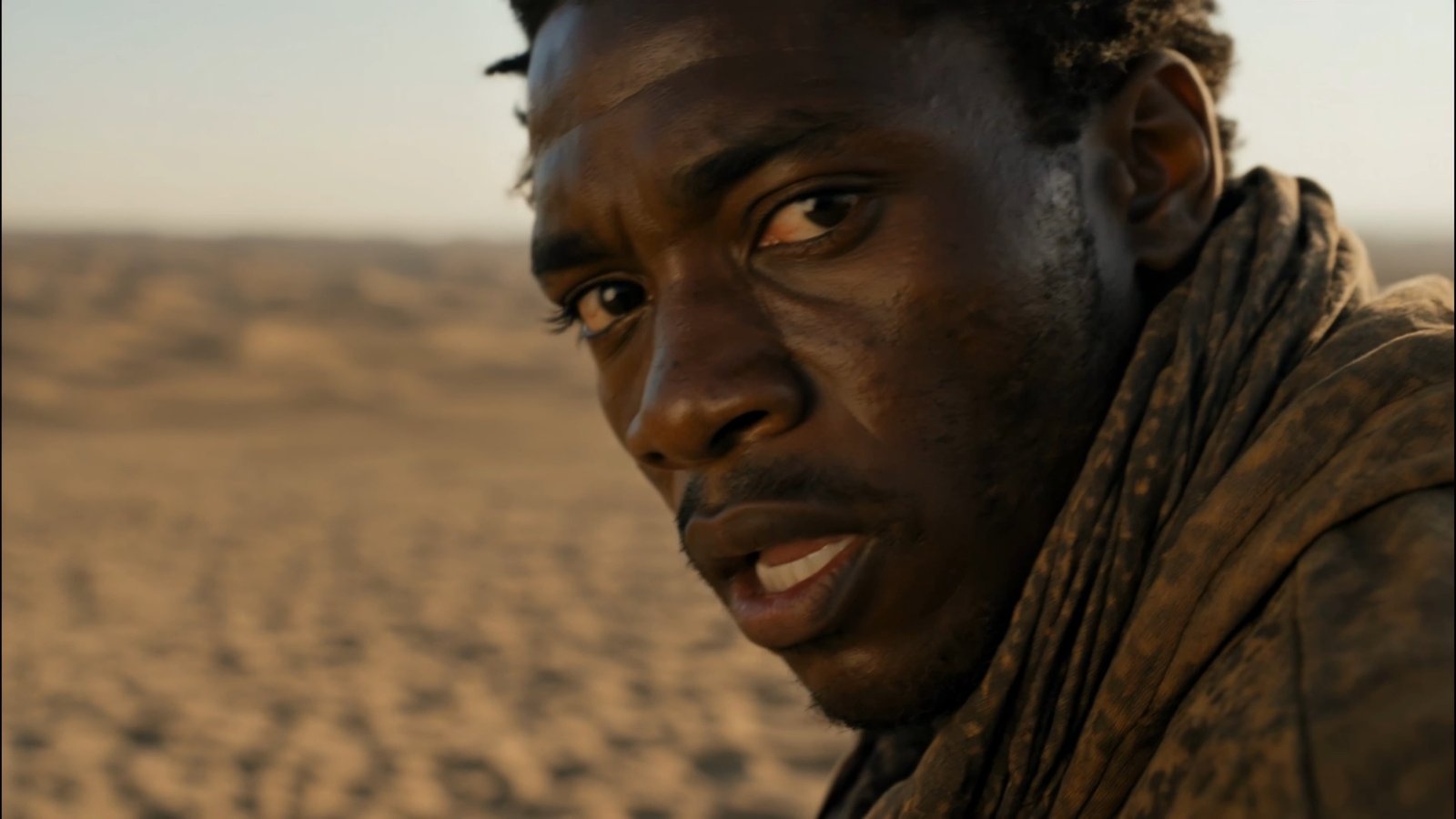 Primer plano de un hombre migrante en el desierto al atardecer en el cortometraje Borderscape