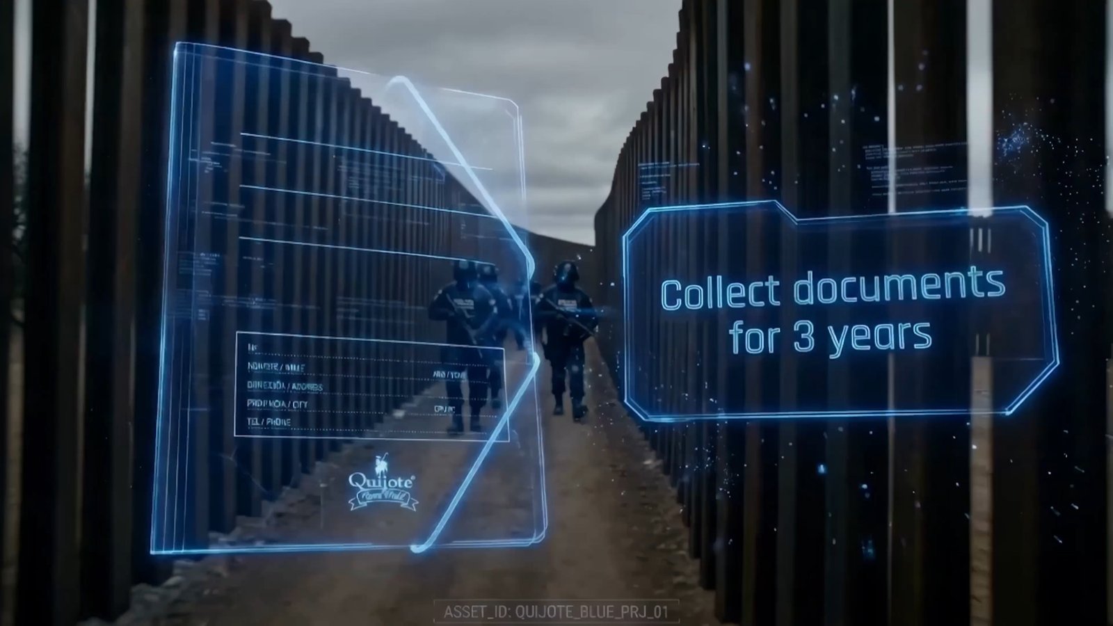 Interfaz de trámites migratorios sobre la valla fronteriza con el texto «Collect documents for 3 years»
