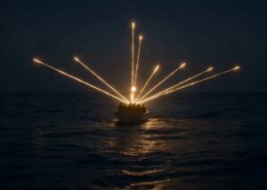 Patera de noche en el Mediterráneo iluminada por bengalas, fotograma del cortometraje Borderscape