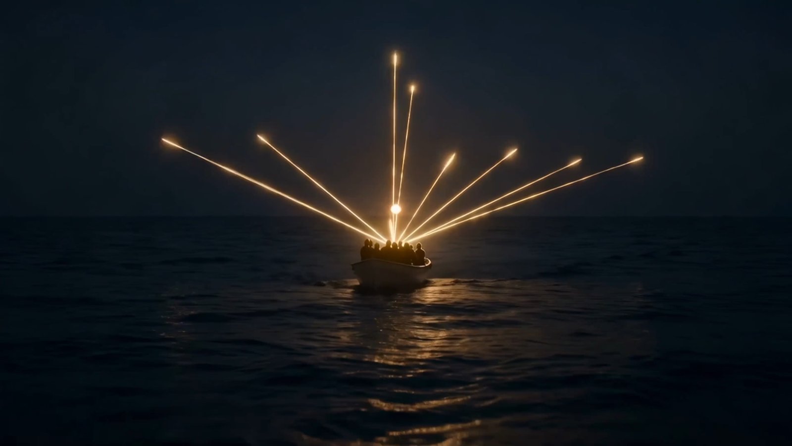 Patera de noche en el Mediterráneo iluminada por bengalas, fotograma del cortometraje Borderscape