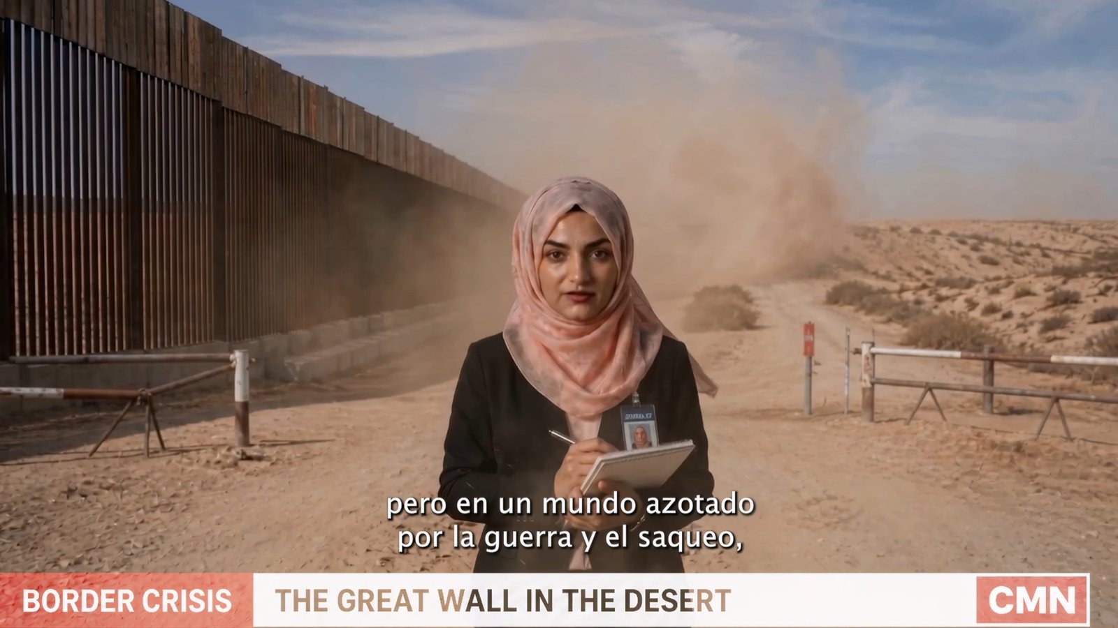 Periodista informando junto al muro fronterizo del desierto en un informativo ficticio
