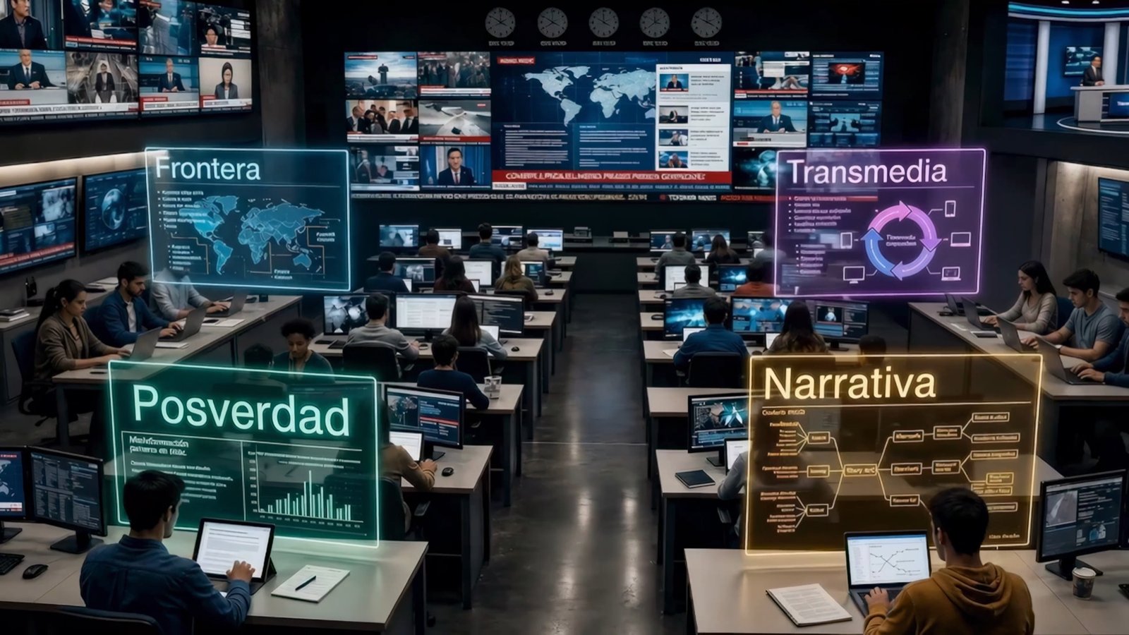 Redacción de informativos con rótulos de frontera, posverdad, transmedia y narrativa