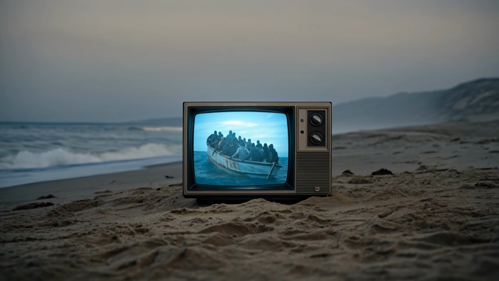 Televisor antiguo en una playa mostrando la imagen de una patera llena de personas migrantes